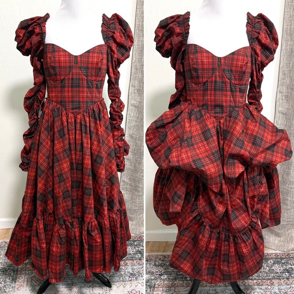 Selkie Royal Tartan Serendipity Dress Red Puff Sleeve Corset Victorian Romantic